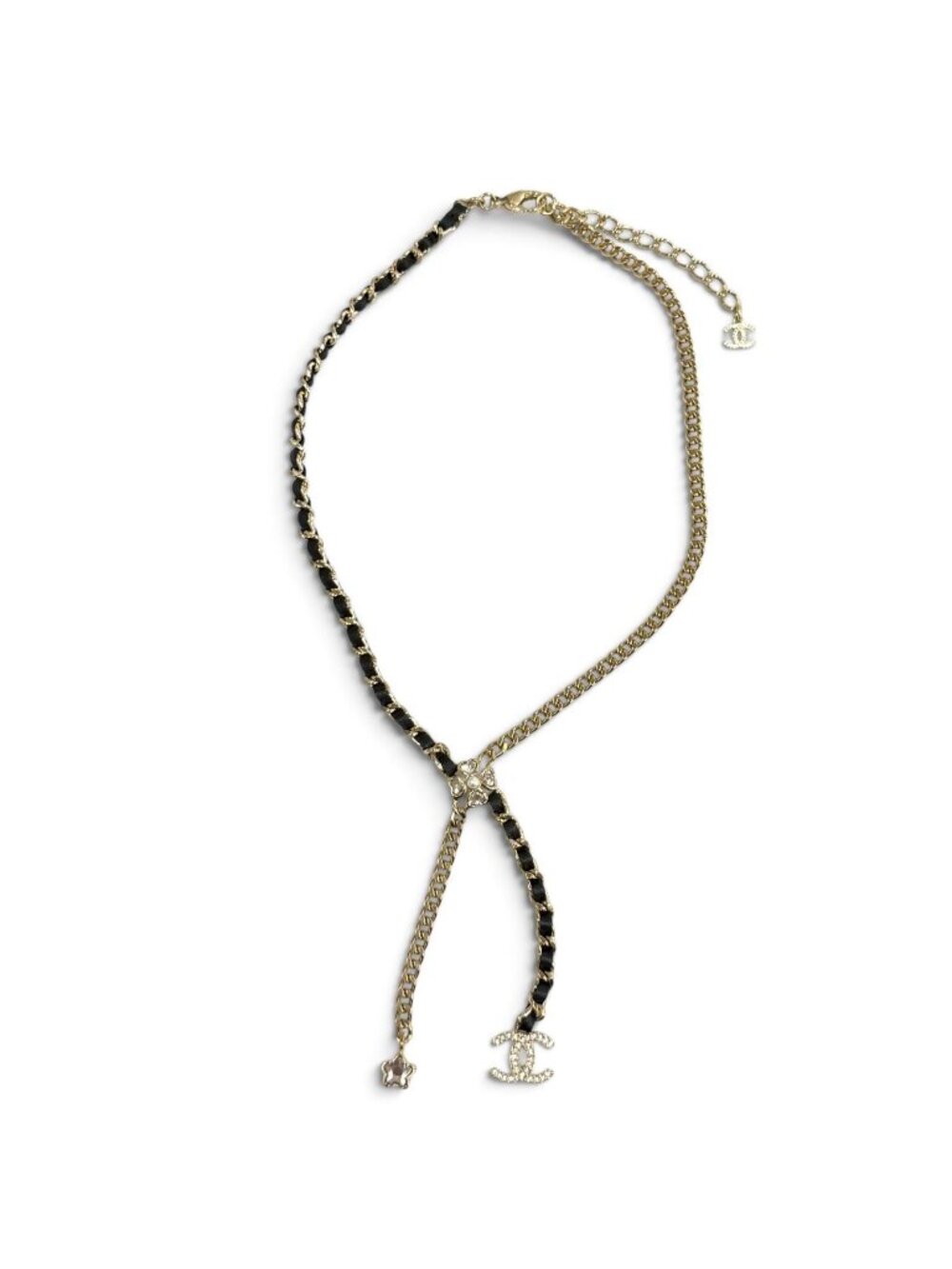 Chanel CC Logo Leather Star Clover Chain Necklace Gold Black